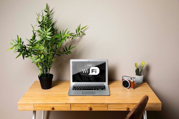 PSD mock-up per laptop con concetto wifi gratuito