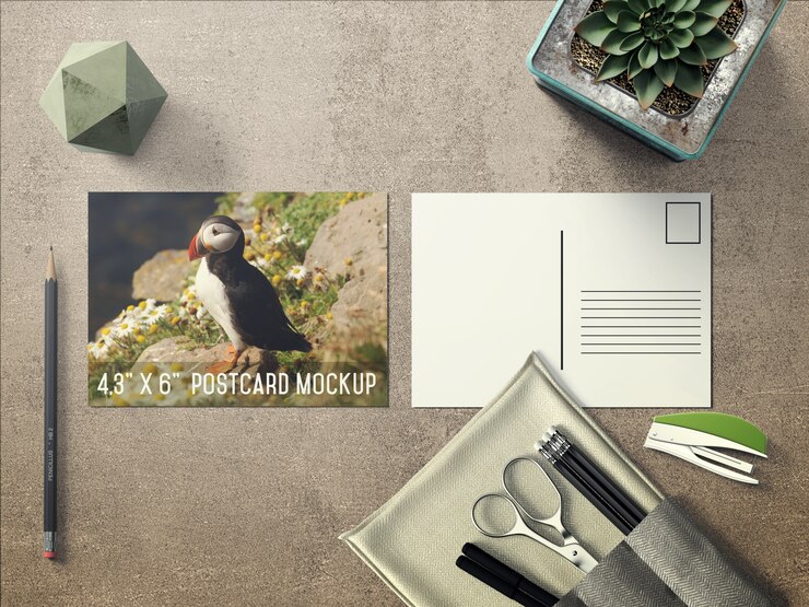 PSD mock up de postal realista sobre escritorio