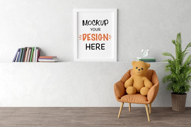 PSD mock up poster frame com fofo urso de pelúcia para um chá de bebê renderização 3d