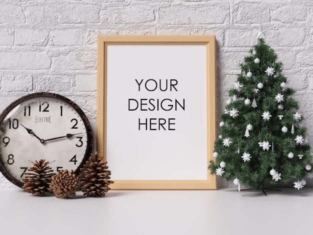 Mock Up Poster Frame Interior con decoración de Navidad