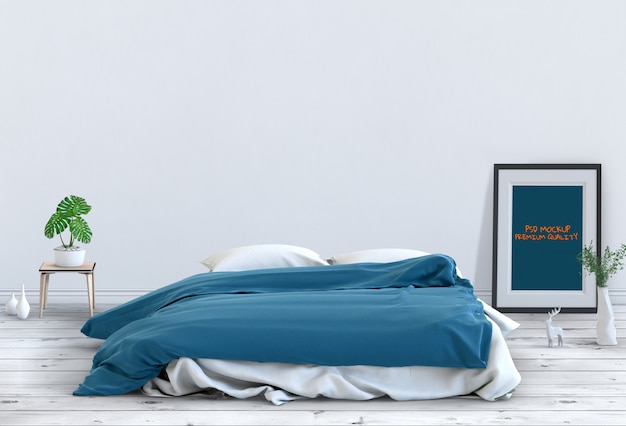 Mock up poster interno camera da letto vuota. Rendering 3D