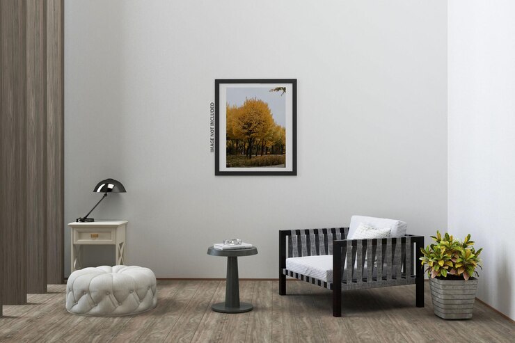 PSD mock up poster nel design d'interni del soggiorno moderno con parete vuota