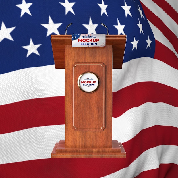 Mock-up präsidentschaftswahl podium für die vereinigten staaten mit amerikanischer flagge