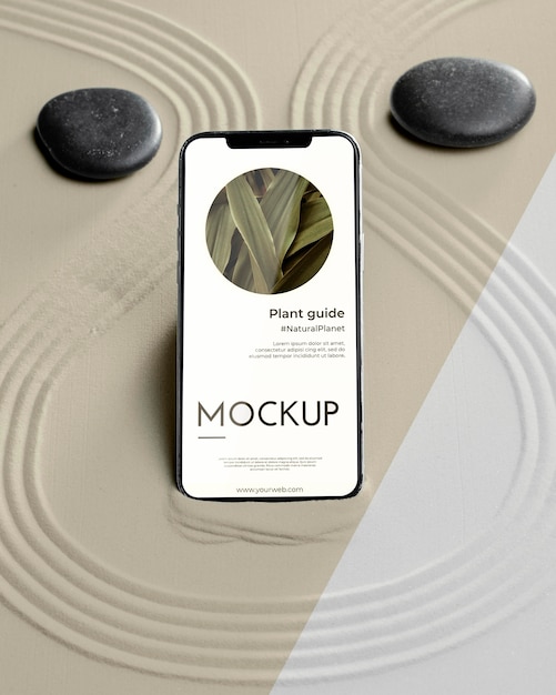 Mock-up smartphone em composição de areia