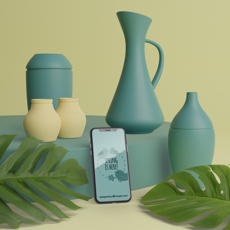 PSD mock-up vasos 3d para flores com telefone