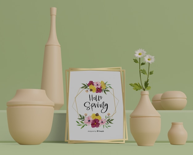 PSD mock-up vasos 3d para flores na mesa