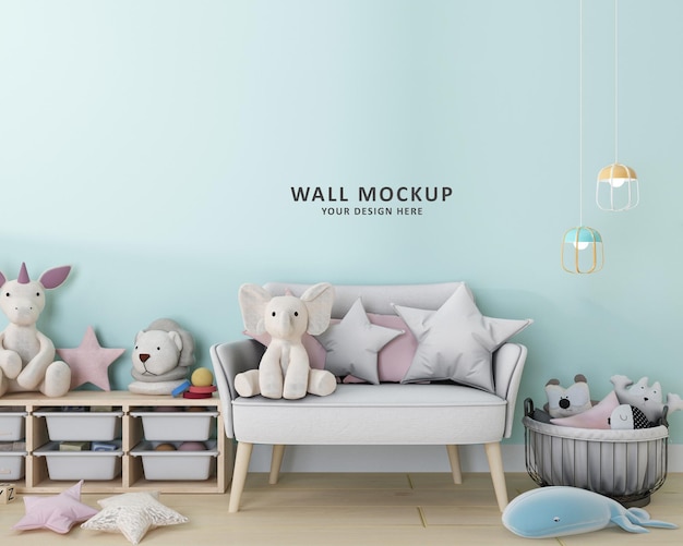 PSD mock up wall em design de quarto infantil em renderização 3d