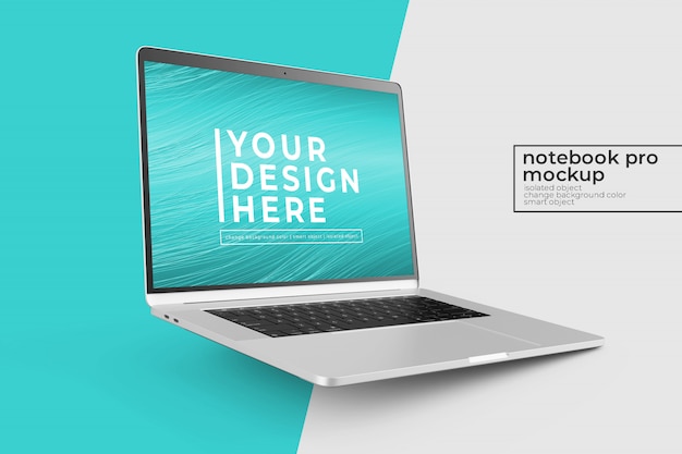 Mock-ups profissionais personalizáveis de notebook móvel realista personalizáveis na posição girada à direita na vista esquerda