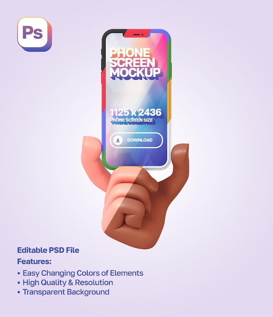 Mockup 3D-Cartoon-Hand, die das Smartphone von unten im Hochformat zeigt und hält