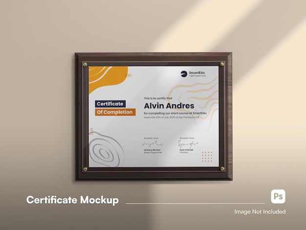 Mockup 3D del certificado de vista frontal aislado en una pared