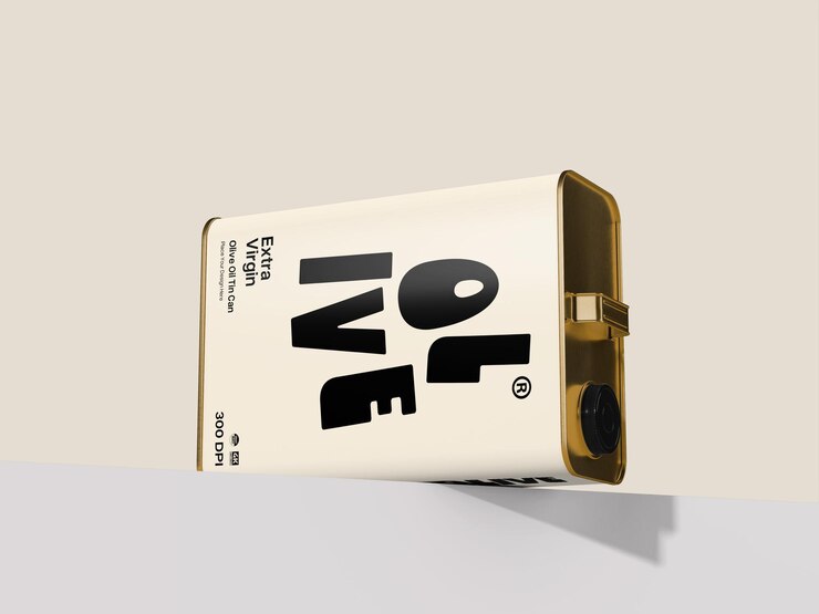 PSD mockup 3d de embalaje de un recipiente de aceite realista