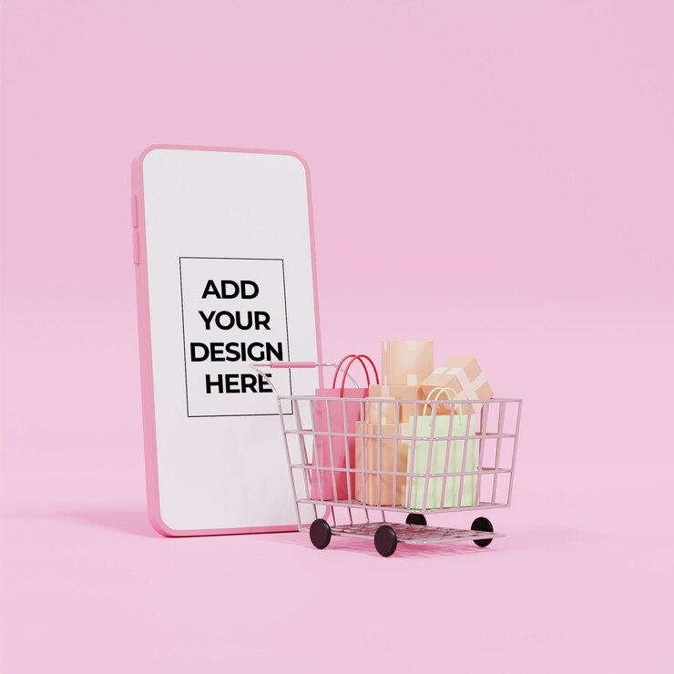 PSD mockup 3d handy mit einkaufswagen voller boxpakete und einkaufstasche
