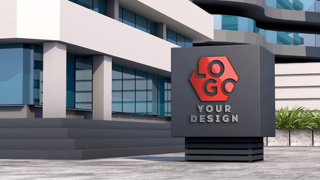 Mockup 3d logo facciata segno in piedi di fronte a un edificio moderno