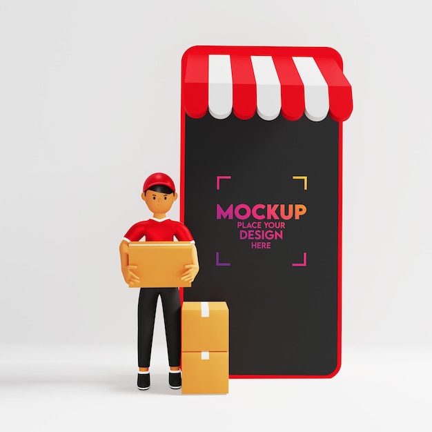 Mockup 3d smartphone con mensajero de servicio de entrega