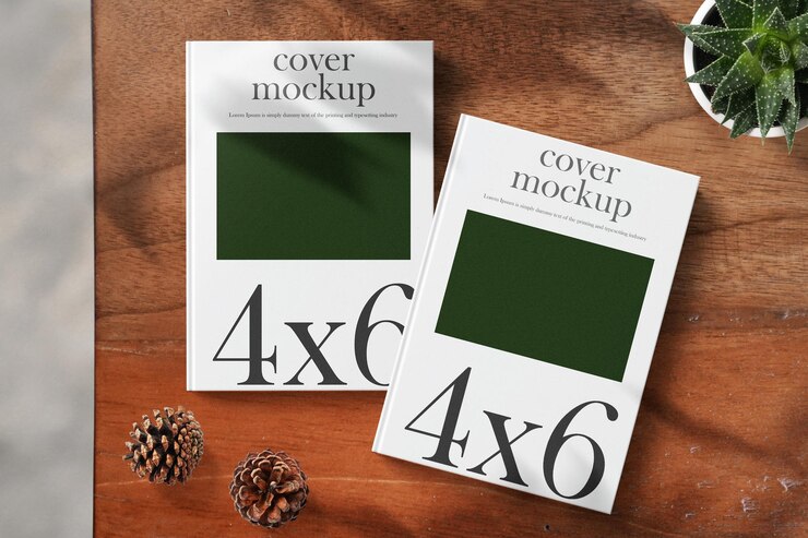 Mockup 4x6 del libro minimo pulito sullo sfondo del tavolo con coni e piante