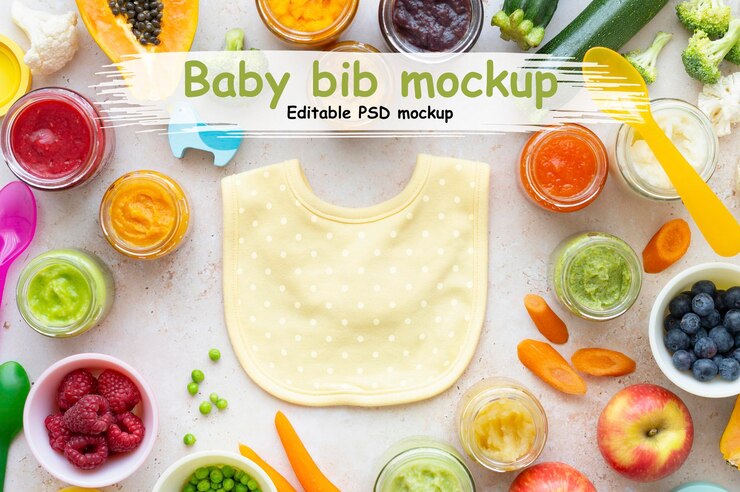 PSD mockup de babero de bebé psd plano con puré de comida