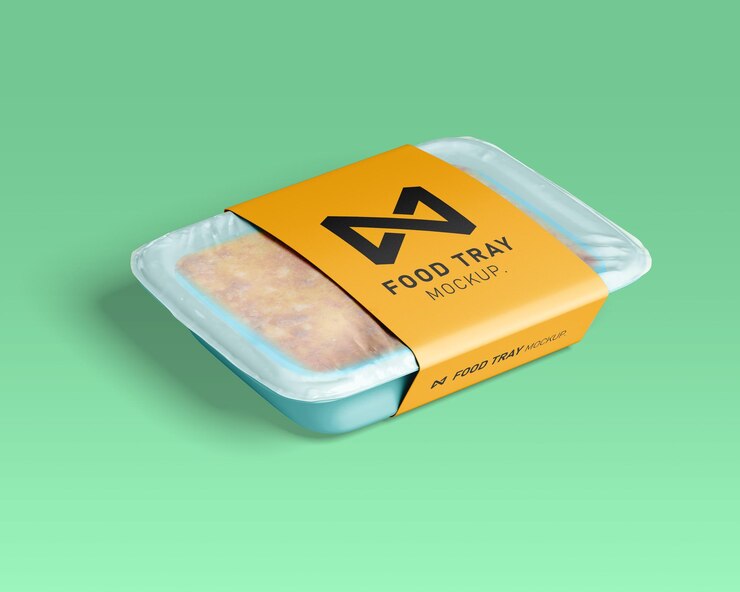 PSD mockup de bandeja de alimentos con etiqueta naranja