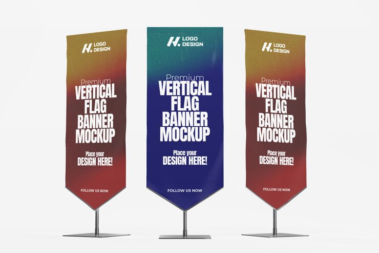Mockup de bandera vertical renderizada en 3D para publicidad y promoción