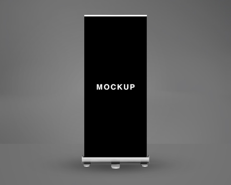 Mockup de banderas de standee enrollado diseño de bandera de standee aislado en fondo gris