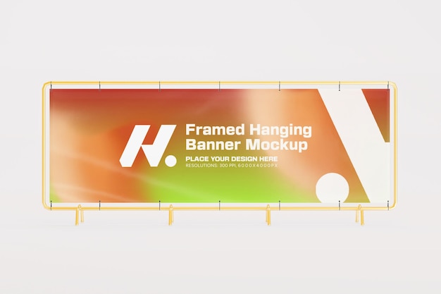 Mockup de banner colgante enmarcado en 3D para exhibición publicitaria