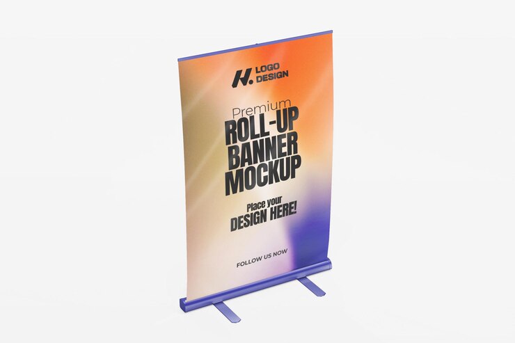 Mockup de banner enrollable renderizado en 3D para publicidad y promoción