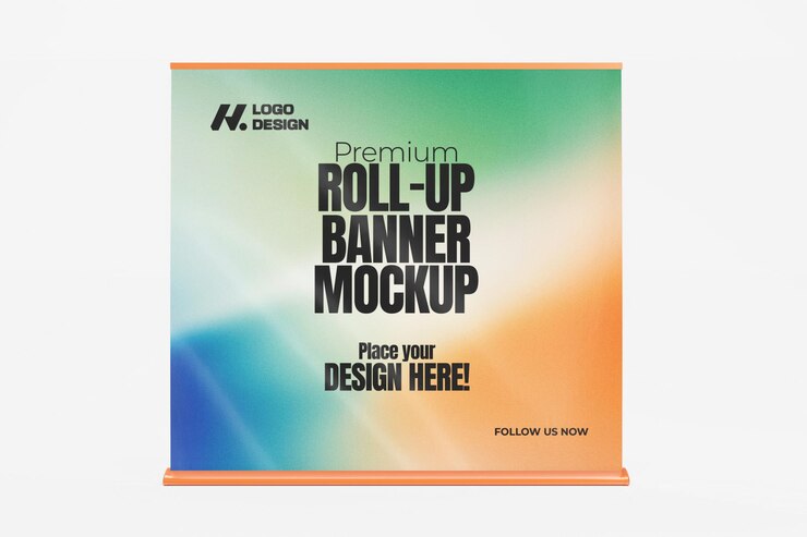 Mockup de banner enrollado renderizado en 3D