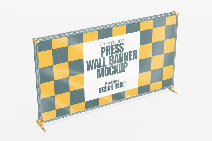 Mockup de banner de pared de prensa renderizado en 3D para eventos y publicidad