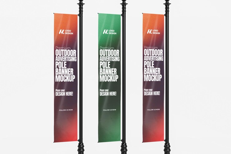 Mockup de banner de poste de publicidad al aire libre renderizado en 3D