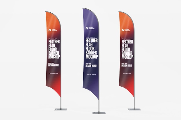 Mockup de banner de suelo de bandera de pluma renderizado en 3D para publicidad y promoción