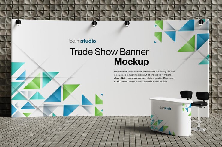 PSD mockup d'une bannière de foire commerciale en arrière-plan