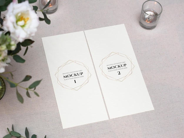 Mockup bianco carta bianca sulla regolazione della tavola di nozze