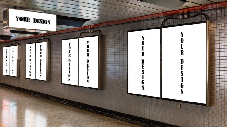 PSD mockup-bild von leeren plakaten auf weißer leinwand und in der u-bahn-station zur werbung geführt