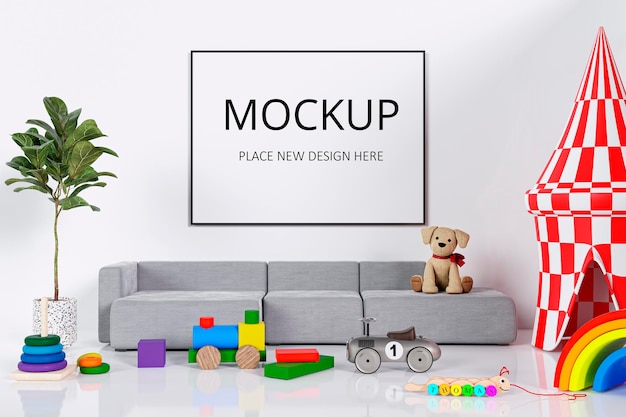 Mockup-bilderrahmen in einem kinderspielzimmer gerenderte 3d-illustration