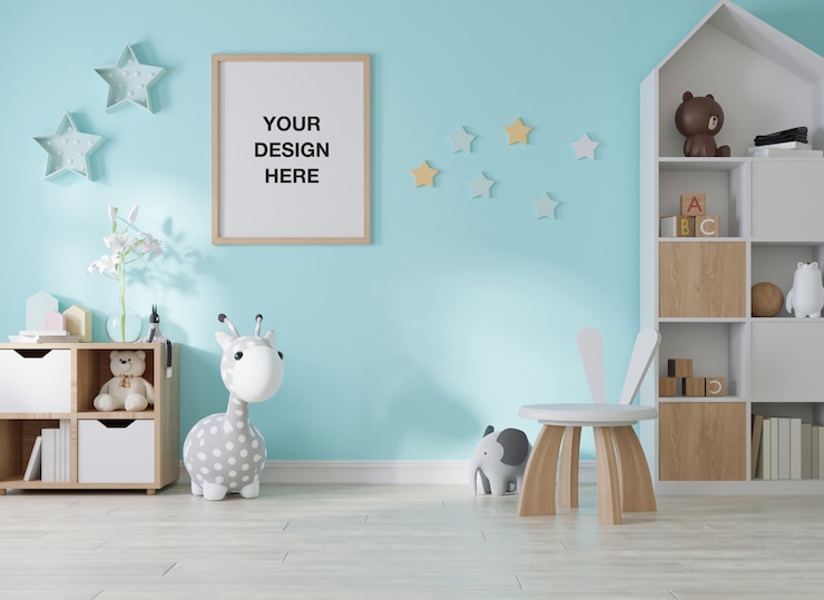 PSD mockup bingkai poster di kamar anak-anak