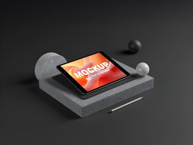 Mockup en un bloque de tableta de hormigón con esferas y un lápiz - Presentación de dispositivos digitales