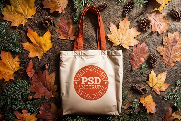Mockup de bolsa de lienzo de otoño con hojas