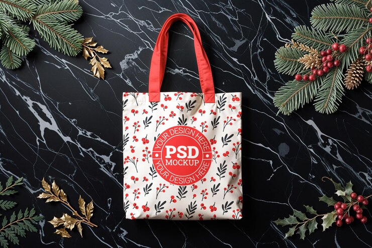 Mockup de bolsa de tote de lienzo en mármol