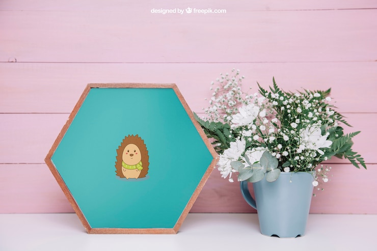 PSD mockup botánico con marco y maceta