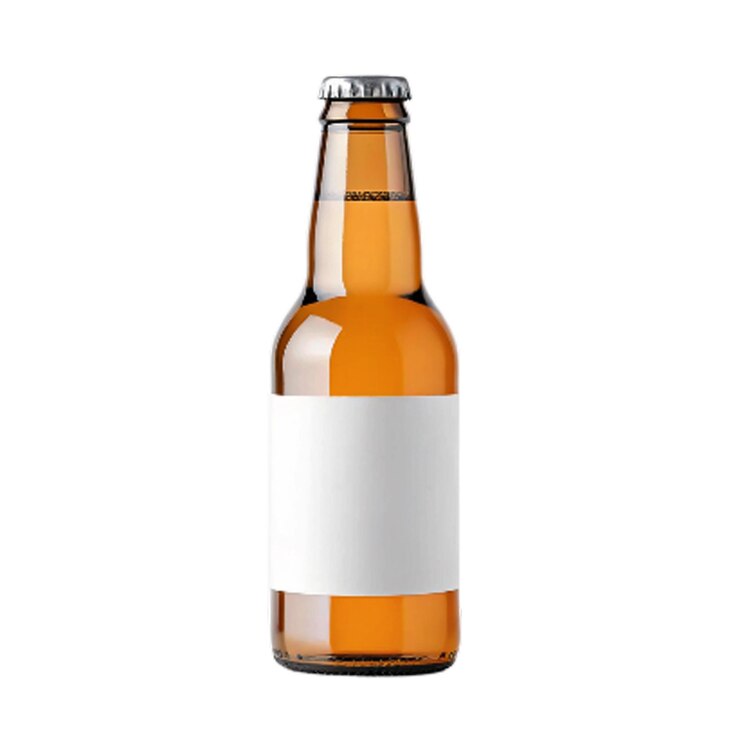 PSD mockup de botella de cerveza de vidrio ámbar aislada con etiqueta blanca personalizable y fondo transparente