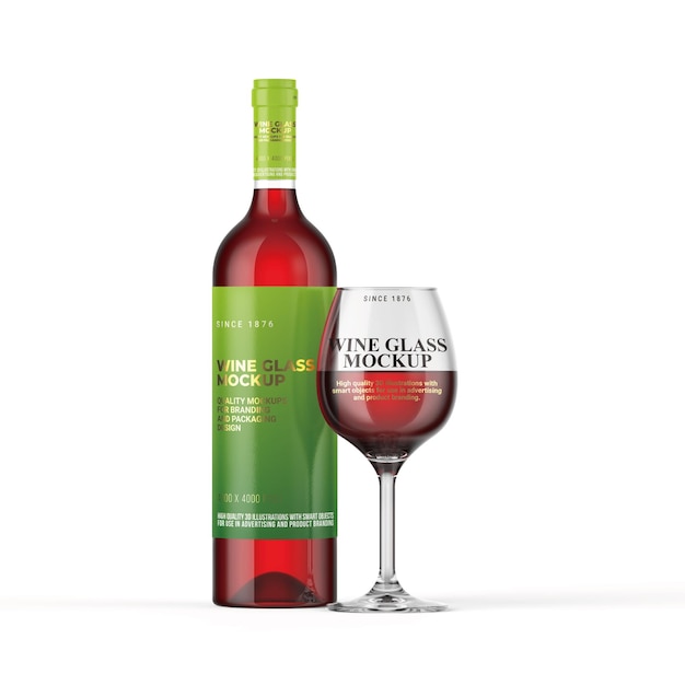 Mockup de botella y vaso de vino