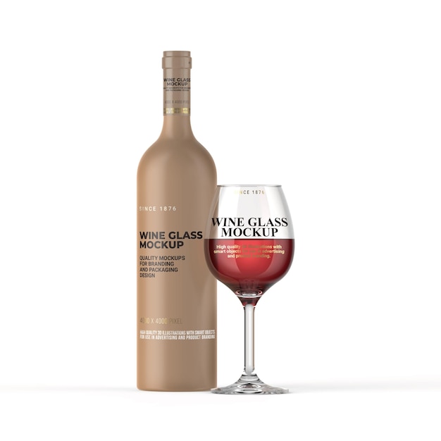 Mockup de botella y vaso de vino