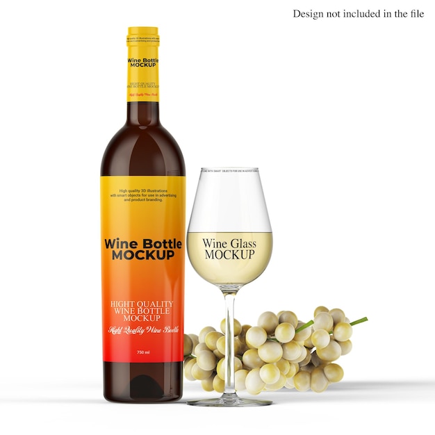 Mockup de botella y vaso de vino