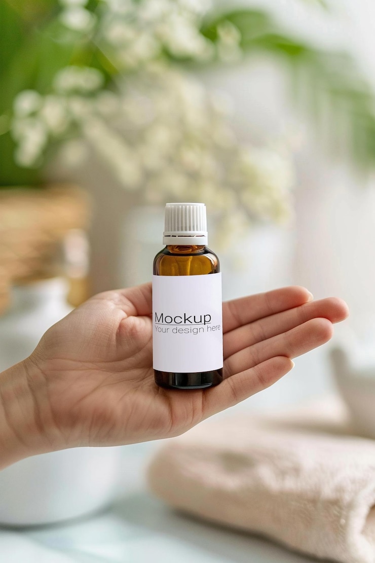 PSD mockup de botella de vidrio portátil muestra su diseño de etiqueta de aceite esencial o suero
