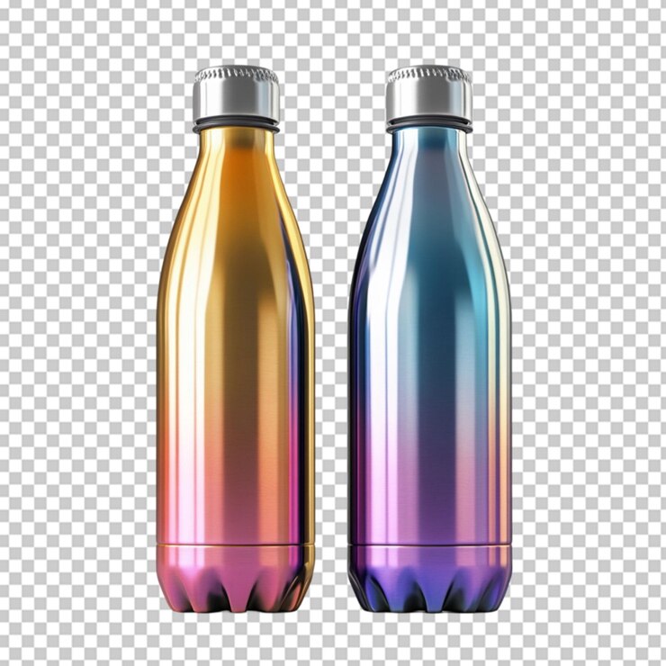 PSD mockup de botellas de agua metálicas frente sobre un fondo transparente