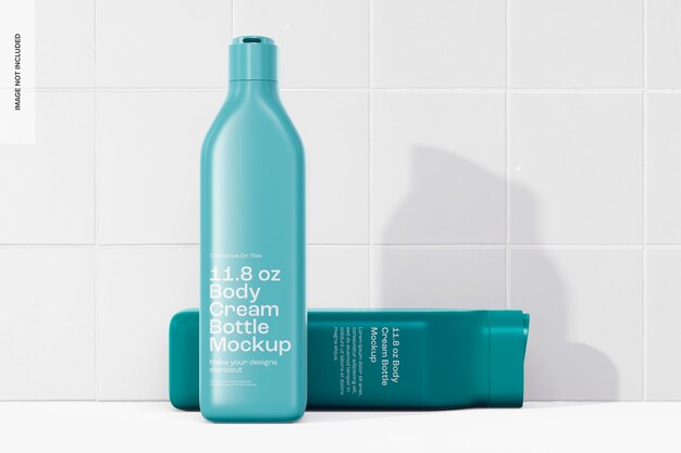Mockup de botellas de crema para el cuerpo de 11,8 oz, vista delantera