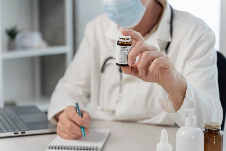 PSD mockup botol obat yang dipegang oleh dokter