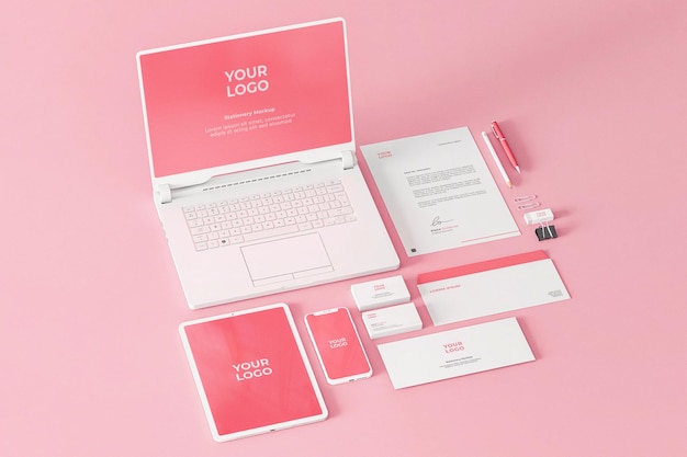 PSD mockup briefpapier pink business company telefon laptop tablet