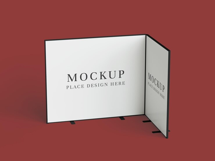 PSD mockup de cabina de feria lshaped para el diseño de marcas de eventos y pantallas