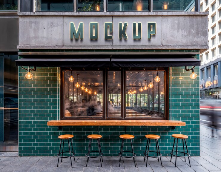 PSD mockup cafe exterior with bar seating and street view