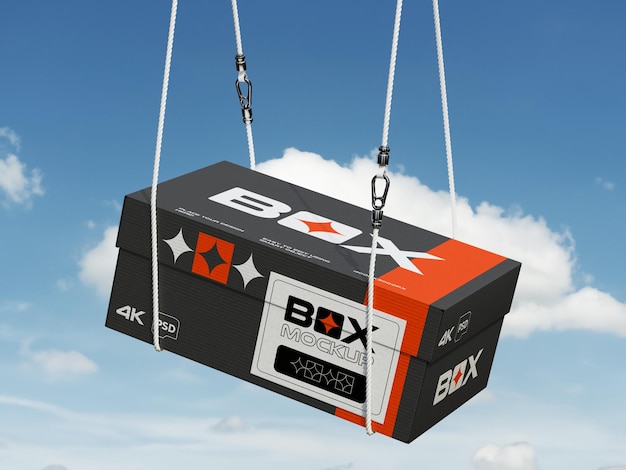 Mockup de caja colgando en el cielo